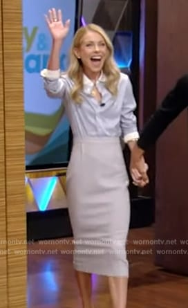 Kelly’s blue striped shirt and grey pencil skirt on Live with Kelly and Mark