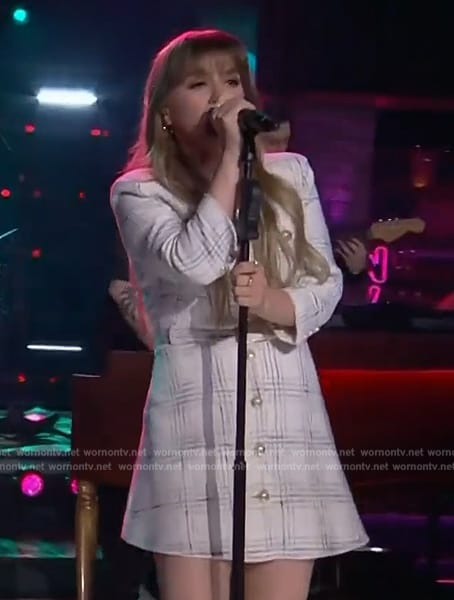 Kelly’s white tweed check dress  on The Kelly Clarkson Show