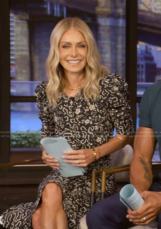 Kelly’s black floral ruched sleeve dress on Live with Kelly and Mark