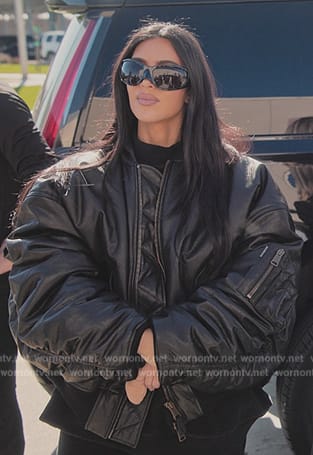 Kim’s black leather oversized jacket on The Kardashians