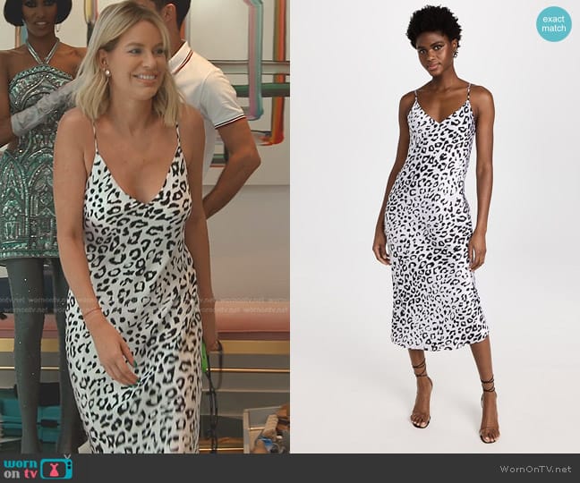 L'Agence Seridie Mid Length Slip Dress in White/Black Mlti Larg Cheetah worn by Caroline Stanbury (Caroline Stanbury) on The Real Housewives of Dubai