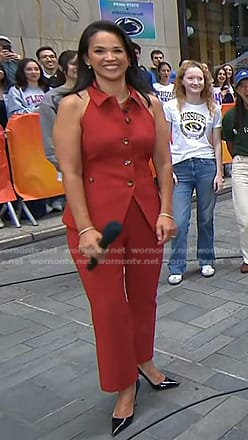 Laura’s red collared vest and pants on Today