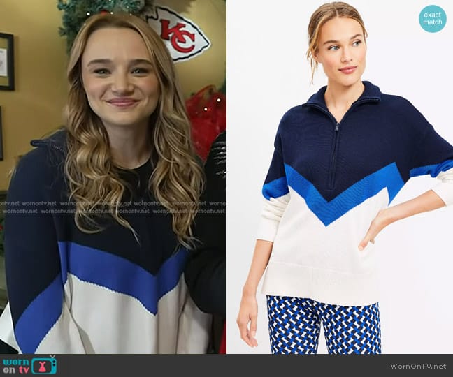Lou & Grey Zig Zag Half Zip Tunic Sweater in Deep Space Blue worn by Hunter King on Today