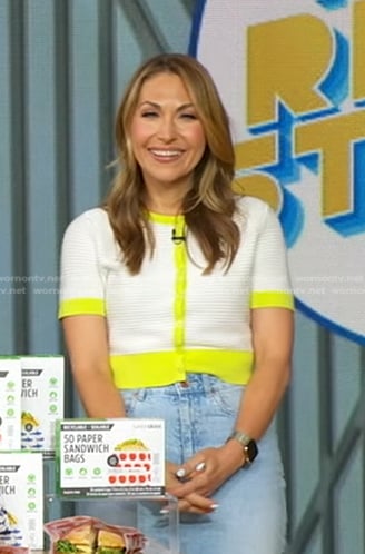 Lori’s white contrast trim short sleeve cardigan on Good Morning America
