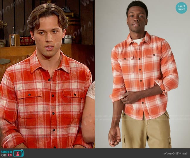 Lucky Brand Plaid Utility Cloud Soft Long Sleeve Flannel in Red/White Plaid worn by Tate Black (Leo Howard) on Days of our Lives
