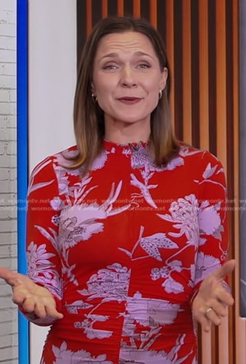 Maggie Rulli’s red floral dress and studded pumps on Good Morning America