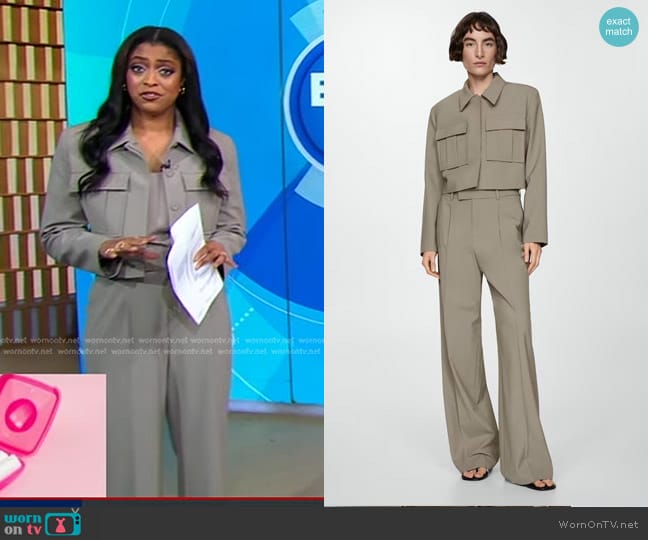 Mango Cropped Jacket with Pockets in Medium Brown worn by Morgan Norwood on Good Morning America