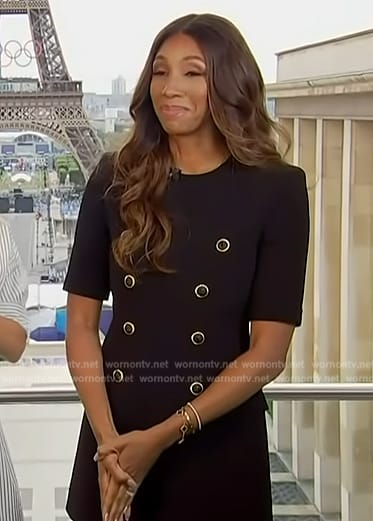 Maria Taylor’s black double breasted dress on Access Hollywood