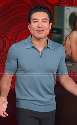 Mario’s blue zip polo shirt on Access Hollywood
