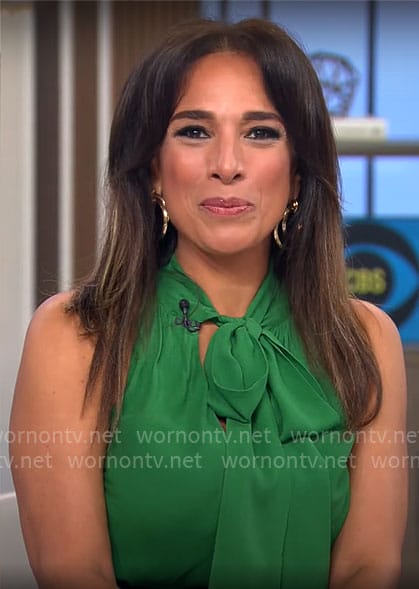 Michelle Miller’s green tie neck top on CBS Mornings