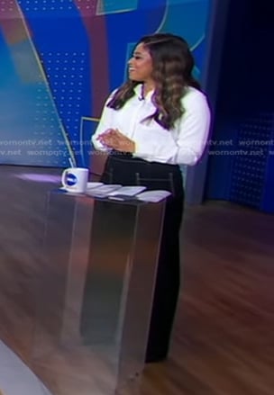 Morgan’s black wide-leg pants with white stitching on Good Morning America