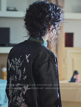 Nadia’s black embroidered jacket on Elite