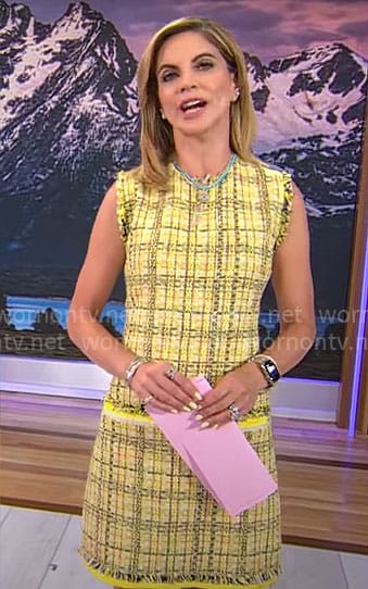 Natalie Morales’ yellow tweed shift dress on CBS Mornings