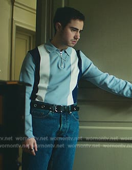 Nico’s blue stripe zip polo on Elite