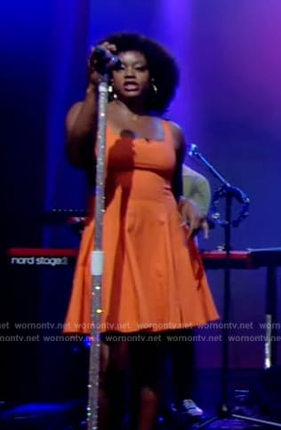 Noelle Scaggs’s orange flare mini dress on Live with Kelly and Mark