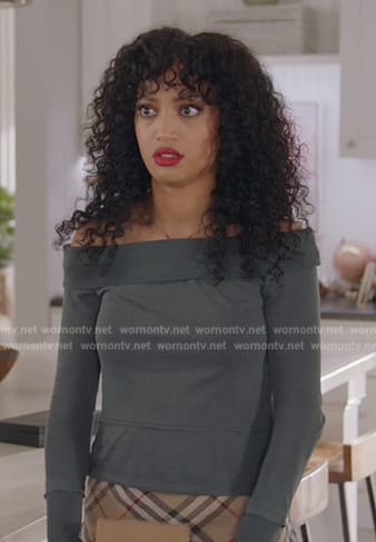 Olivia’s gray off shoulder top on All American
