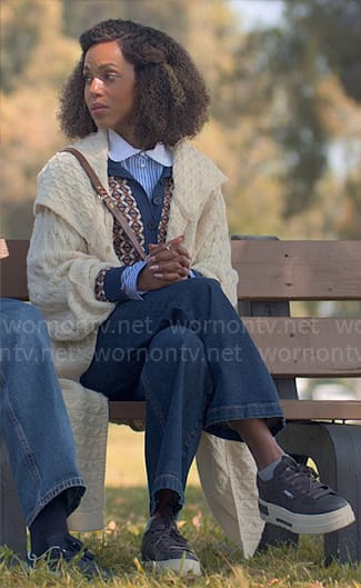 Paige’s blue striped shirt and long cable knit cardigan on UnPrisoned