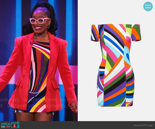 Pucci Printed off-shoulder mini dress worn by Keke Palmer on Password