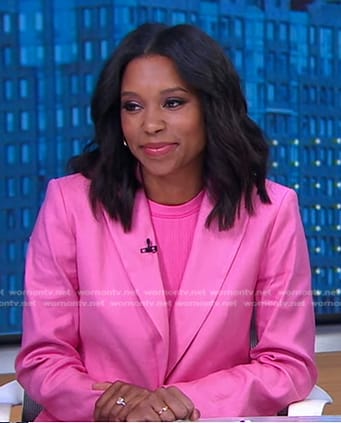 Rachel’s pink ribbed top and blazer on Good Morning America