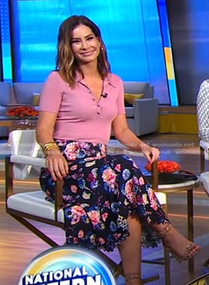 Rebecca’s pink polo top and floral print skirt on Good Morning America