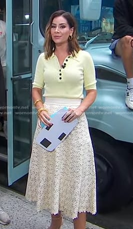 Rebecca’s yellow polo and white floral leather skirt on Good Morning America