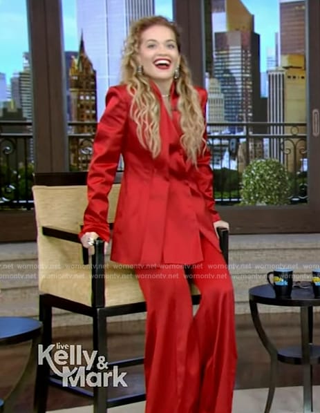 Rita Orta’s red satin blazer and pants on Live with Kelly and Mark