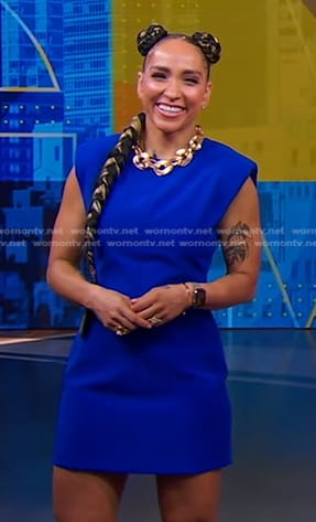 Robin Arzón’s blue strong shoulder mini dress on Good Morning America