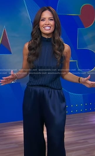 Rocsi’s navy cable knit sleeveless sweater on Good Morning America