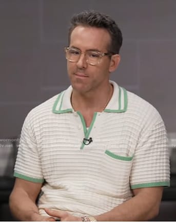 Ryan Reynolds’s white contrast trim waffle polo shirt on Good Morning America