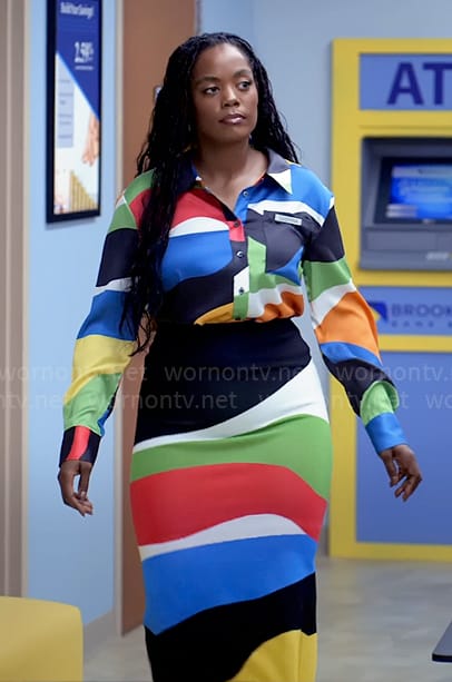 Sabrina’s wavy colorblock print shirt and skirt set on Tyler Perrys Sistas
