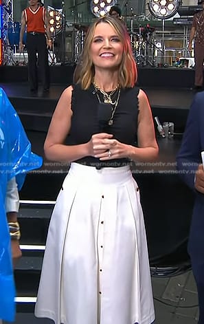 Savannah’s black sleeveless top and white skirt on Today