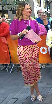 Savannah’s purple puff sleeve top and embroidered sheer skirt on Today