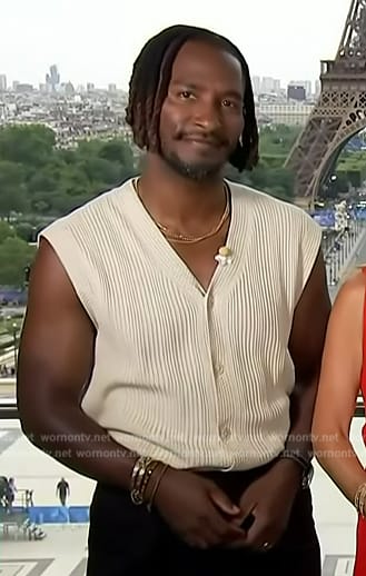 Scott’s beige knit button front vest on Access Hollywood