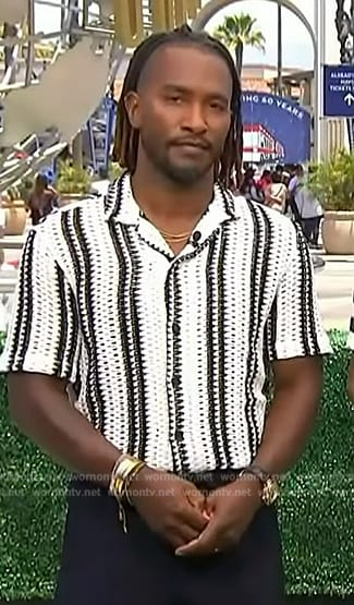 Scott’s black and white stripe open knit shirt on Access Hollywood