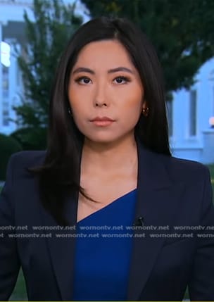 Selina Wang’s blue asymmetric neck dress on Good Morning America