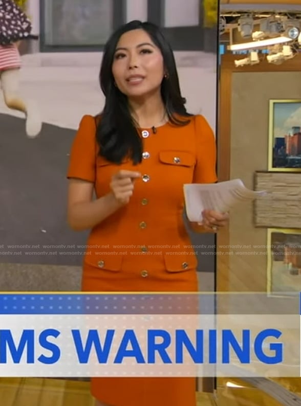 Selina Wang’s orange button front sheath dress on Good Morning America