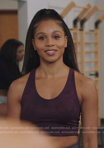 Simone’s burgundy tie dye sports bra on All American Homecoming