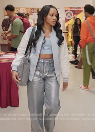 Simone’s blue metallic jeans on All American Homecoming