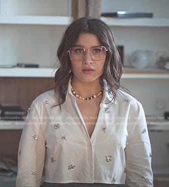 Sonia’s white embellished cropped shirt on Elite