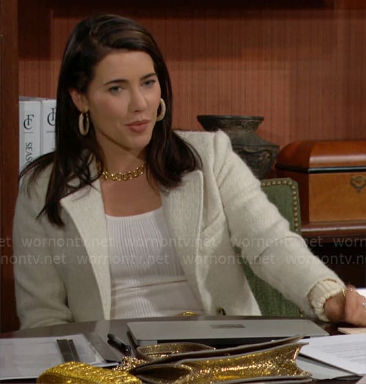 Steffy’s white tweed blazer with knit cuffs on The Bold and the Beautiful