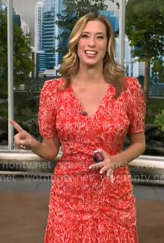 Stephanie Abrams’ red short sleeve ruched dress on CBS Mornings