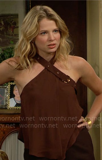 Summer’s brown buckle neck top on The Young and the Restless