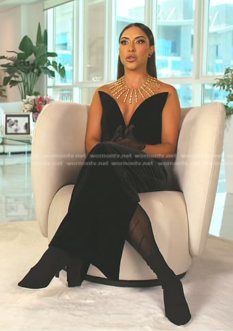 Taleen’s black velvet confessional dress on The Real Housewives of Dubai