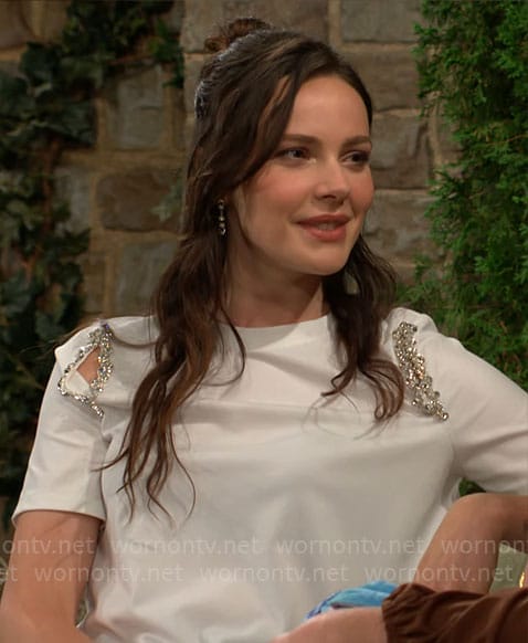 Tessa’s white embellished t-shirt on The Young and the Restless
