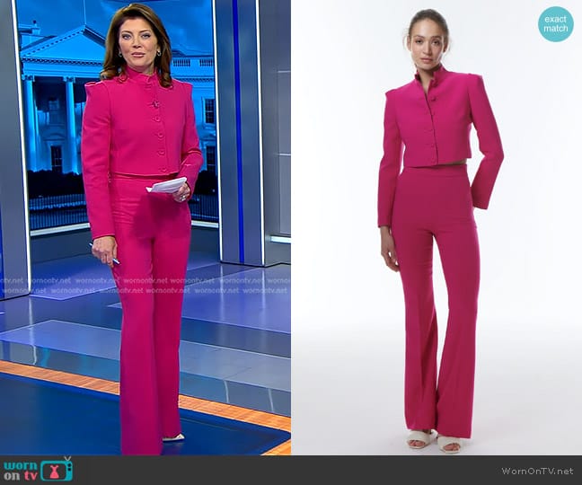 Theo The Label Daphne Cropped Military Jacket in fuchsia worn by Norah O'Donnell on CBS Evening News