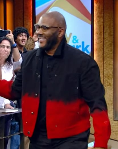 Tyler Perry’s black and red dip dye denim jacket on Live with Kelly and Mark