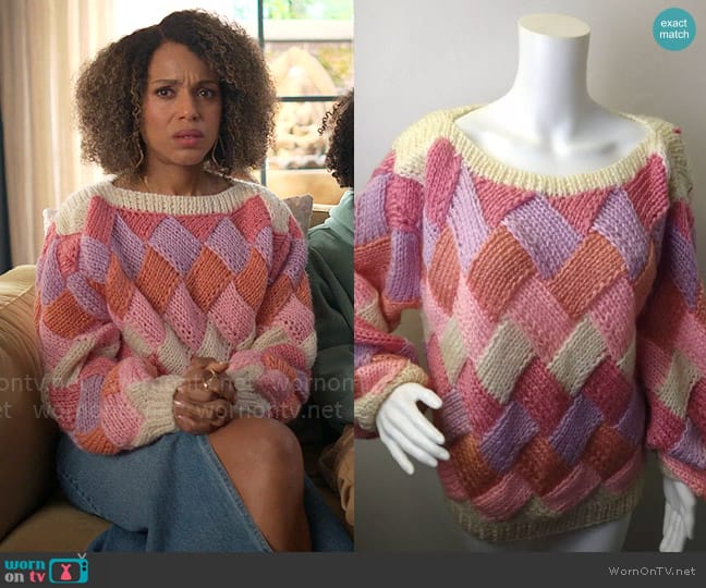 Vintage Oversized Hand Knit Afghan Pastel Basket Weave Sweater worn by Paige Alexander (Kerry Washington) on UnPrisoned