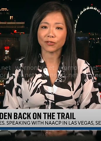 Weijia Jian’s black and white floral blouse on CBS Mornings
