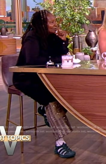 Whoopi’s patchwork splatter print pants on The View