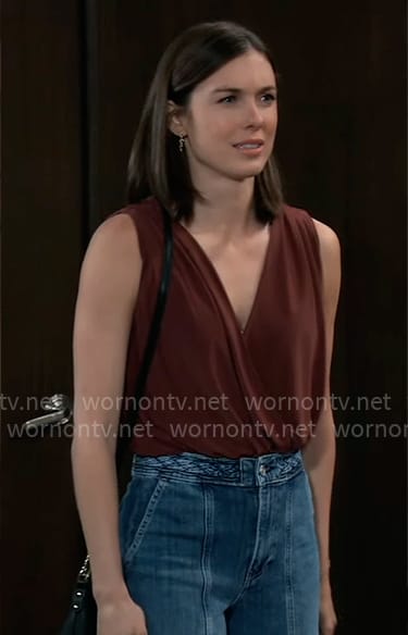 Willow’s brown drape front top and braid detail jeans on General Hospital